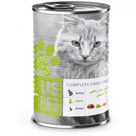 كنسرو گربه بالغ-مرغ و سالمون و کدو کنسرو گربه یو اس پت با طعم مرغ، سالمون و کدو 430 گرمی