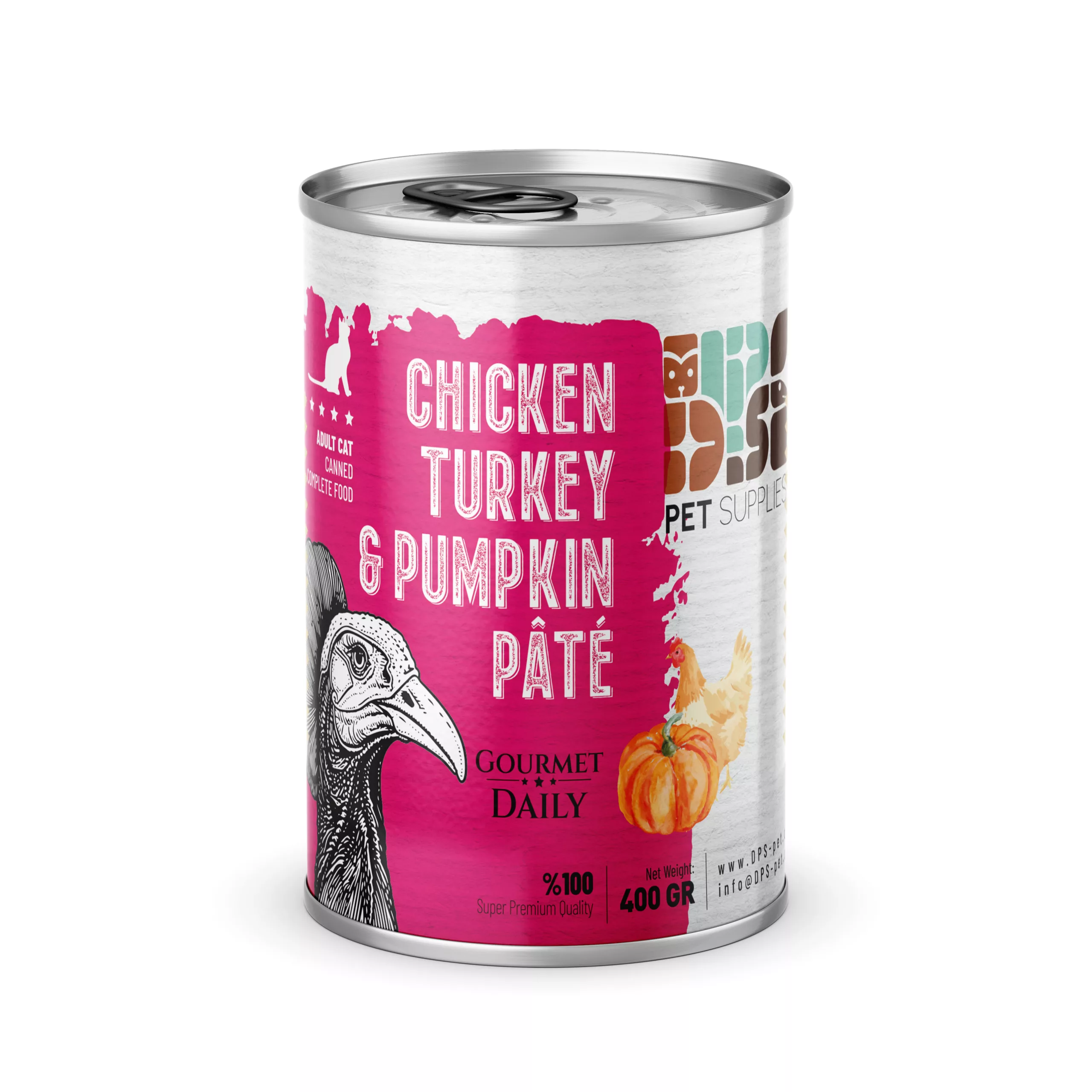 Exclusive Mockups for Branding and Packaging Design کنسرو گربه دی پی اس پته با طعم مرغ، بوقلمون و کدو حلوایی 430 گرمی