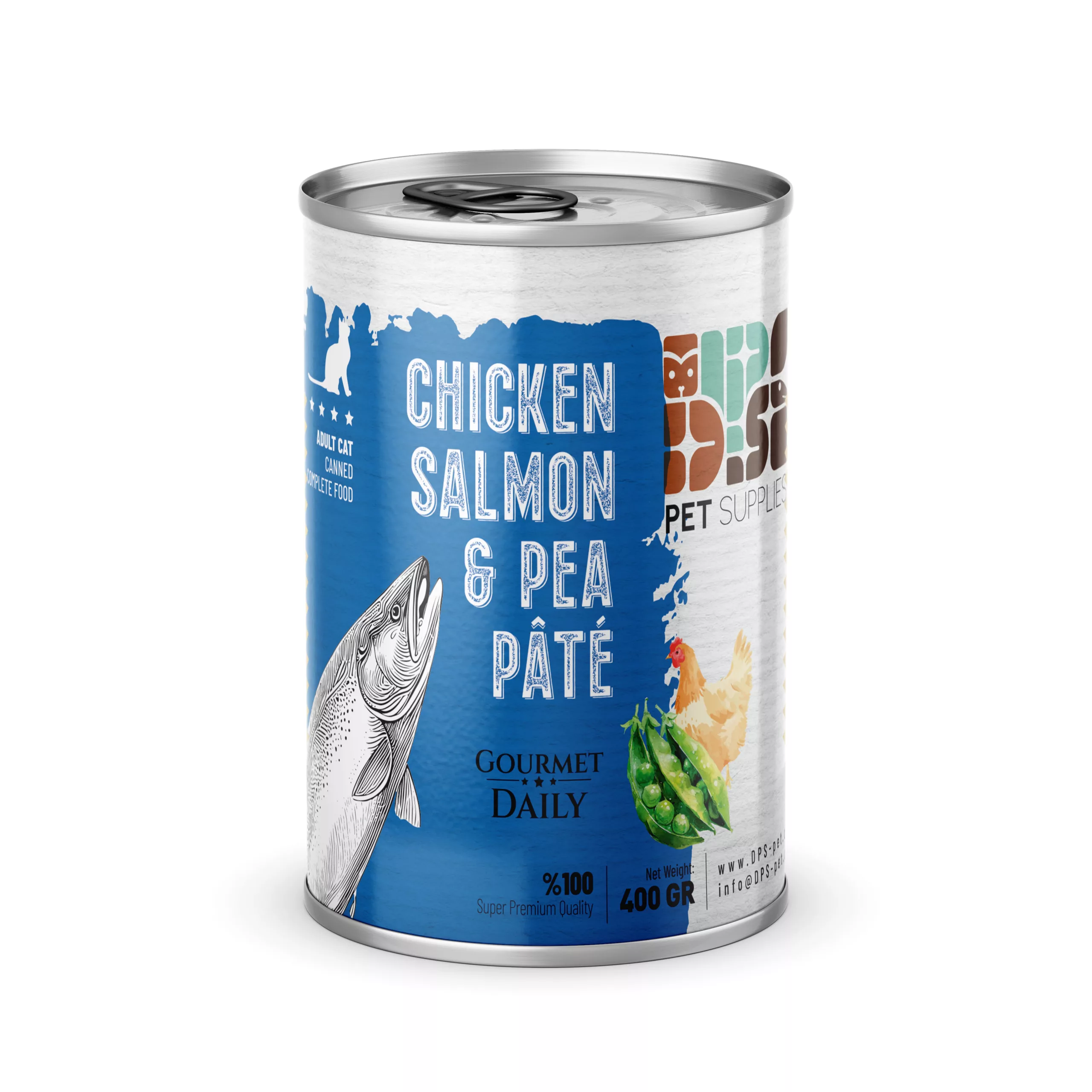 Exclusive Mockups for Branding and Packaging Design کنسرو سوپرپرمیوم گربه دیپیاس با طعم مرغ، سالمون و نخودفرنگی 430 گرمی