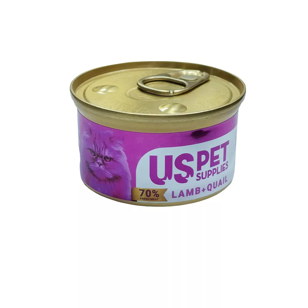 کنسرو گربه US Pet با طعم بره و بلدرچین – ۸۵ گرم، غذای مرطوب و طبیعی برای گربه‌های خاص‌پسند