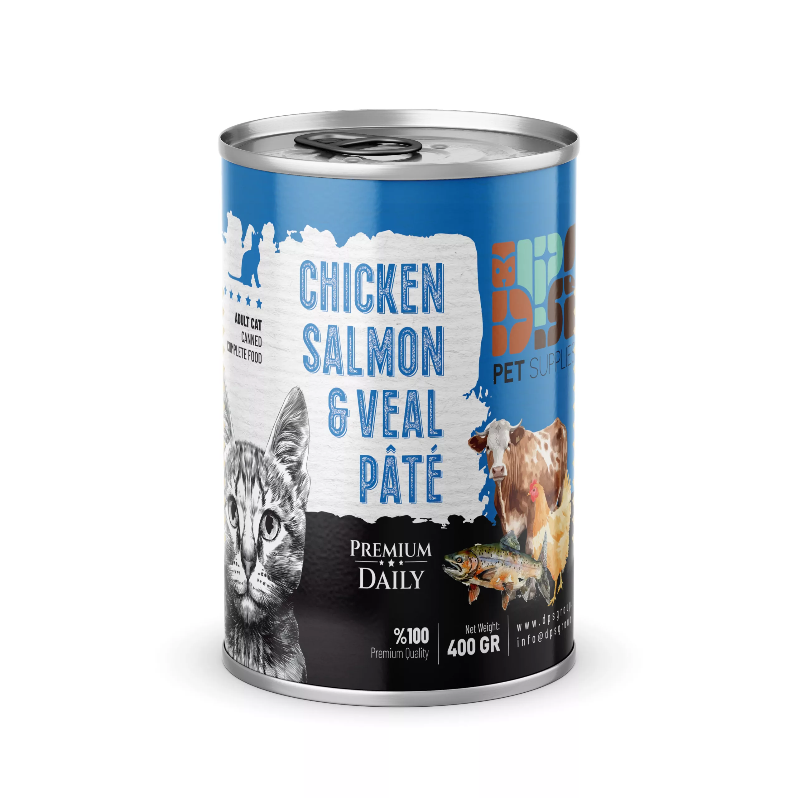 کنسرو گربه پرمیوم دی‌پی‌اس مرغ سالمون و گوساله 430 گرم