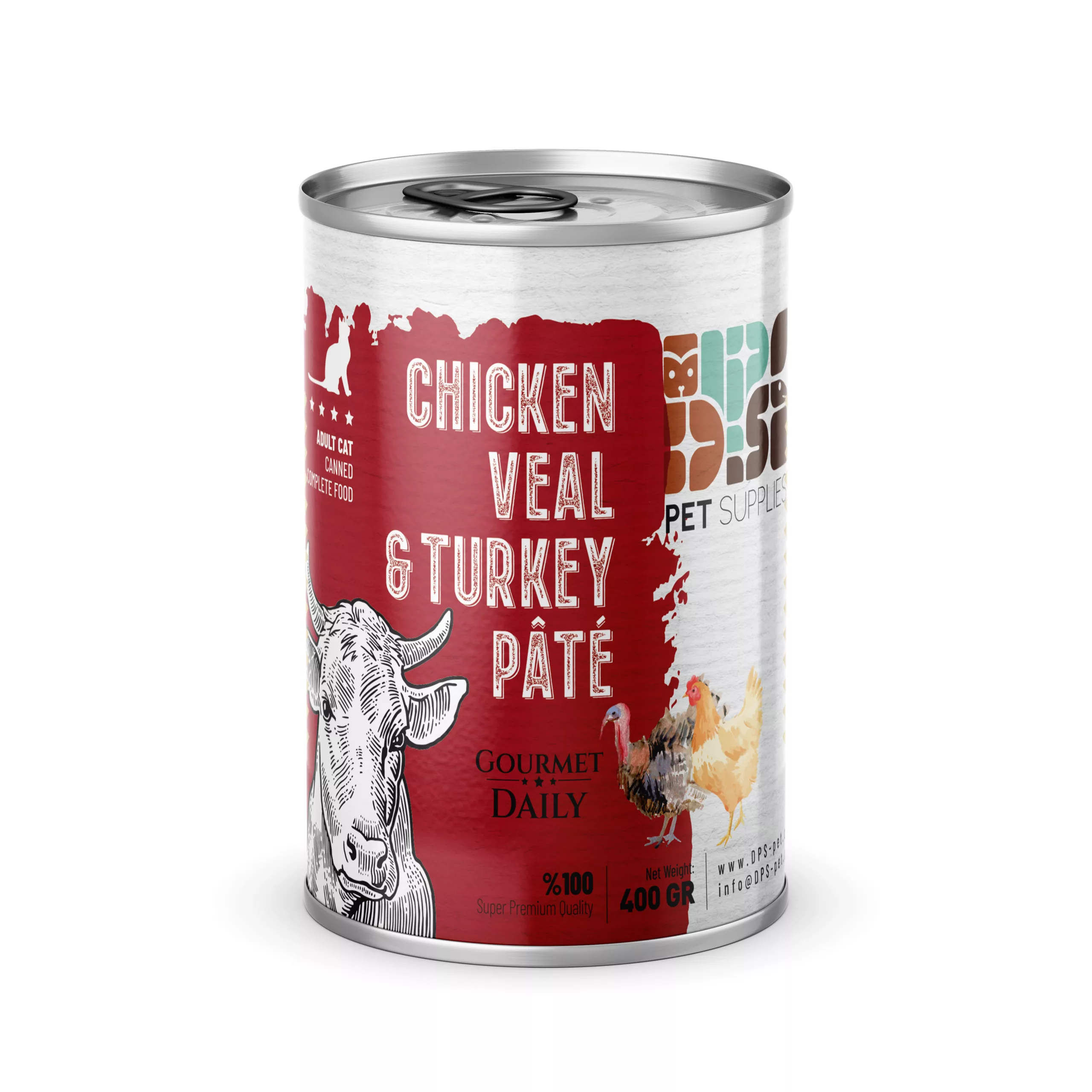 کنسرو سوپرپرمیوم گربه دی‌پی‌اس طعم مرغ، گوساله و بوقلمون 430 گرمی